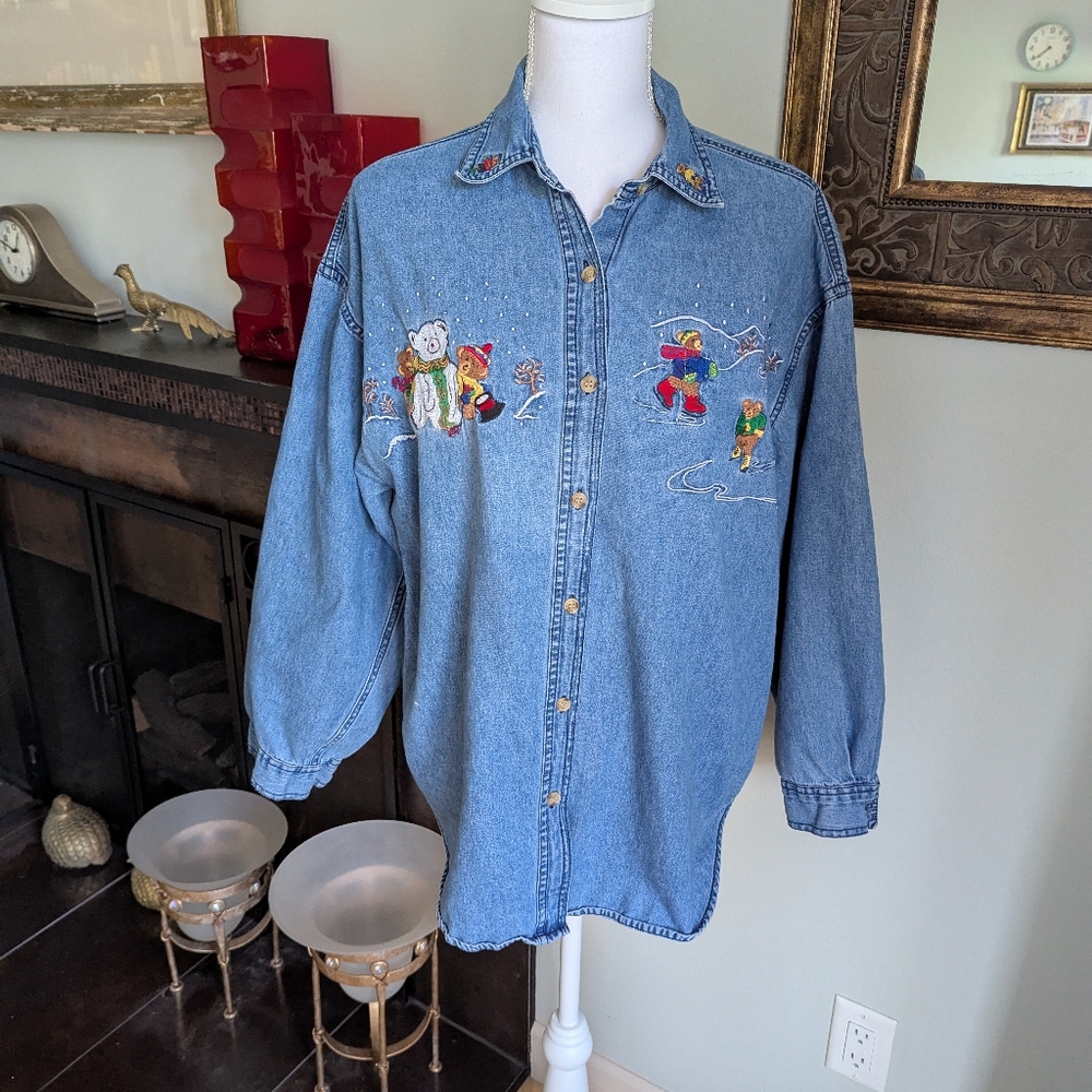 Vtg 90s Embroidered Winter Teddy Bear Women's ButtonUp Denim Shirt Womens XL 190